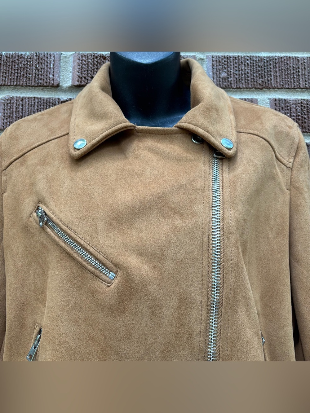 Topshop Women’s Sz 8 Faux leather metal zippers camel moto jacket - Picture 3 of 11